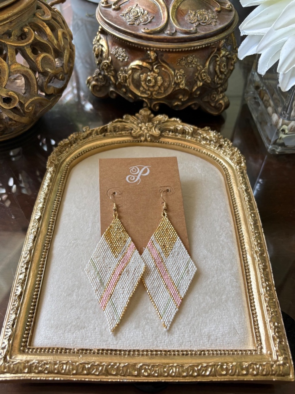Plunder Diamond Shaped Beaded Gold, Pink and White Earrings